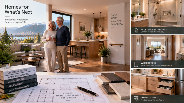 Modern aging in place bathroom renovation in Vancouver featuring a walk-in shower, grab bar preparation, accessible vanity, and safe flooring