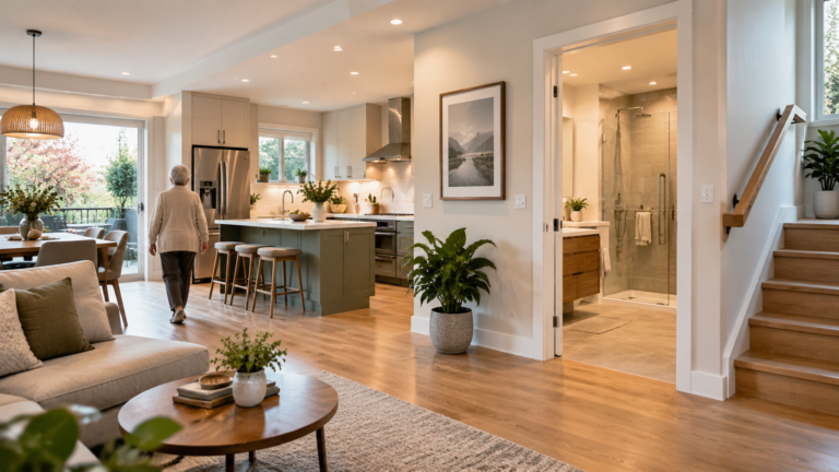 Modern Vancouver home interior designed for aging in place with accessible layout, comfortable lighting and functional living spaces.