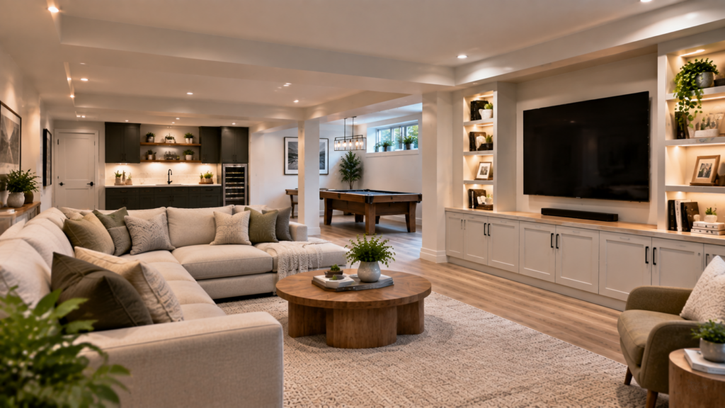 Modern Vancouver basement renovation with finished living space, custom storage, and functional home design