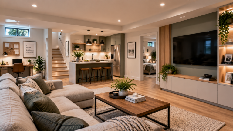 Modern basement renovation in Vancouver featuring a comfortable living area, built-in storage and functional home design.