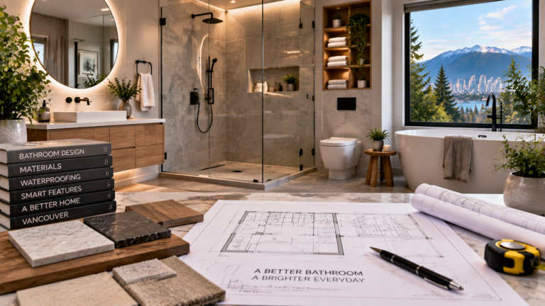 Modern bathroom renovation in Vancouver featuring a walk-in shower, custom vanity, heated flooring, and premium finishes