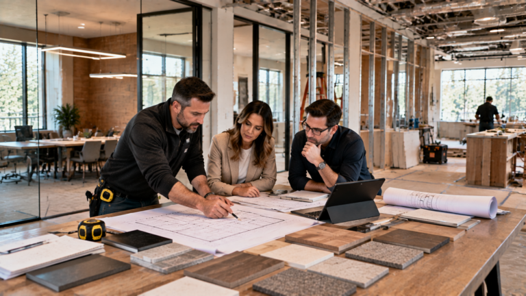 Commercial renovations Vancouver tenant improvement planning with contractor reviewing construction plans