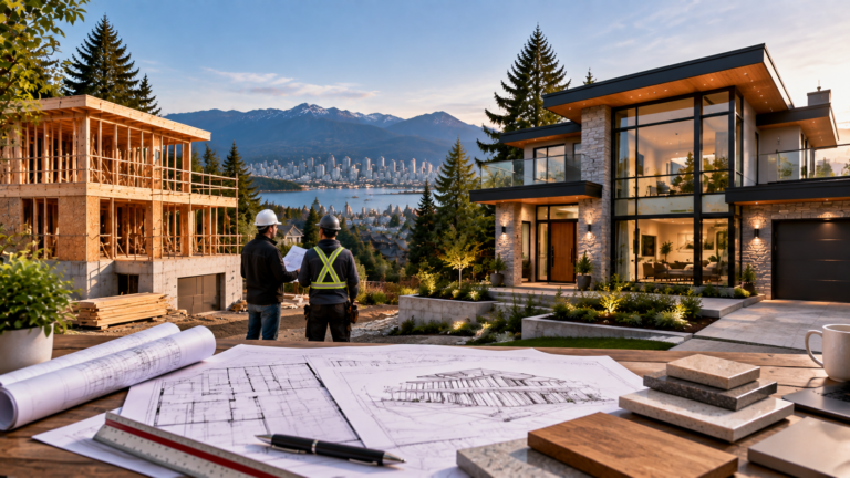 Modern custom home construction project in Vancouver showing architectural planning and completed residential design