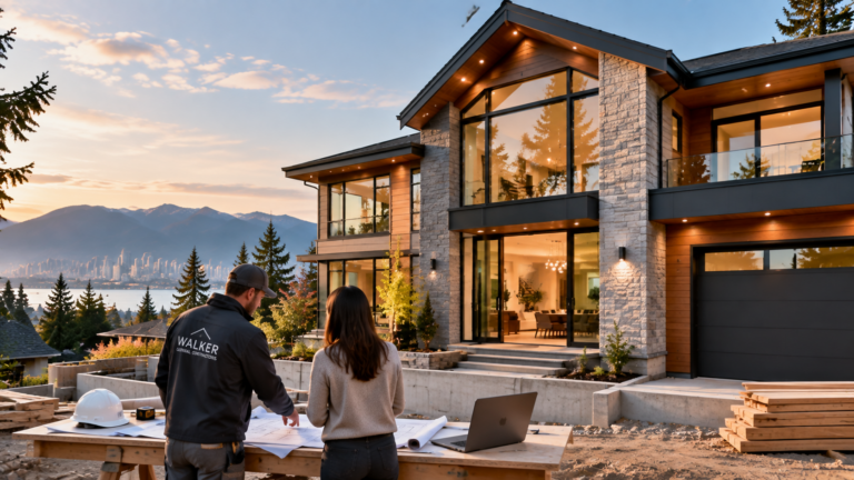Modern custom home construction project in Vancouver showing contemporary architecture, outdoor living space and premium residential design