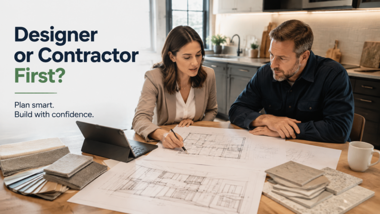 Designer and contractor reviewing renovation plans and floor layouts for a Vancouver home renovation project.