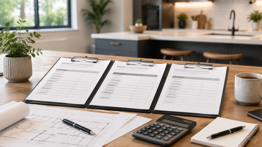 Three renovation quotes being compared on a workspace table with checklist, calculator, and renovation planning documents in a modern Vancouver home setting.