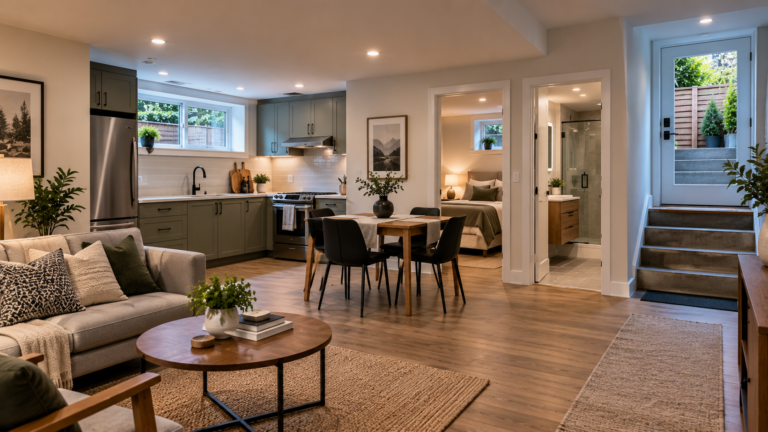 Modern Vancouver basement suite with a kitchen, living area and separate entrance designed for independent living.