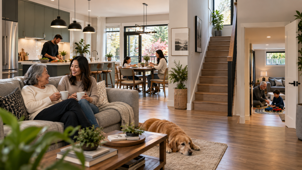 Multigenerational family sharing a bright renovated Vancouver home with connected living and dining spaces.