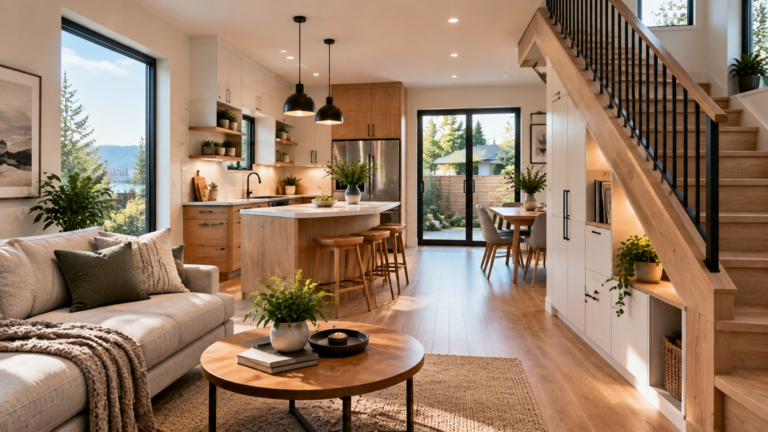 Modern small home interior in Vancouver featuring efficient floor plan design, built-in storage and flexible living spaces.
