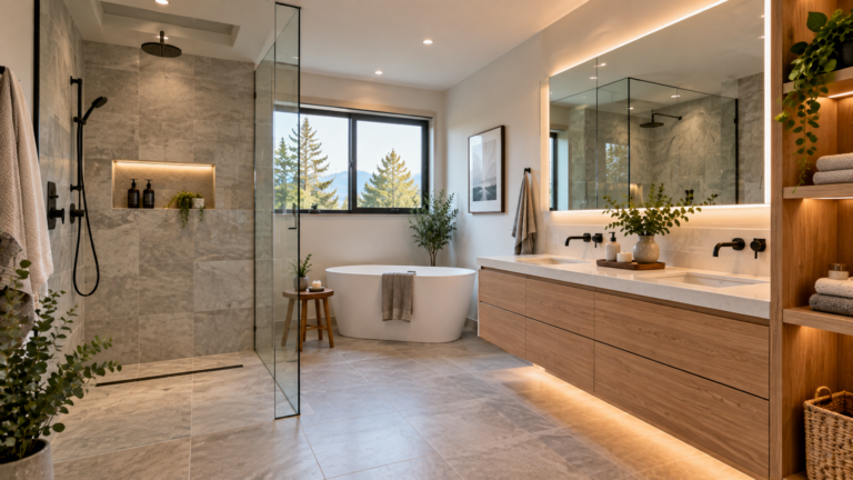 Modern Vancouver bathroom renovation with curbless shower, heated floors, custom vanity, and contemporary design