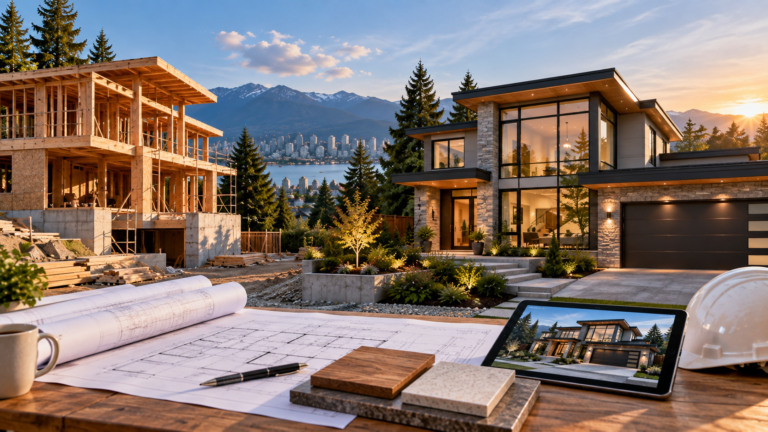 Modern custom home construction in Vancouver with contemporary architecture and natural materials