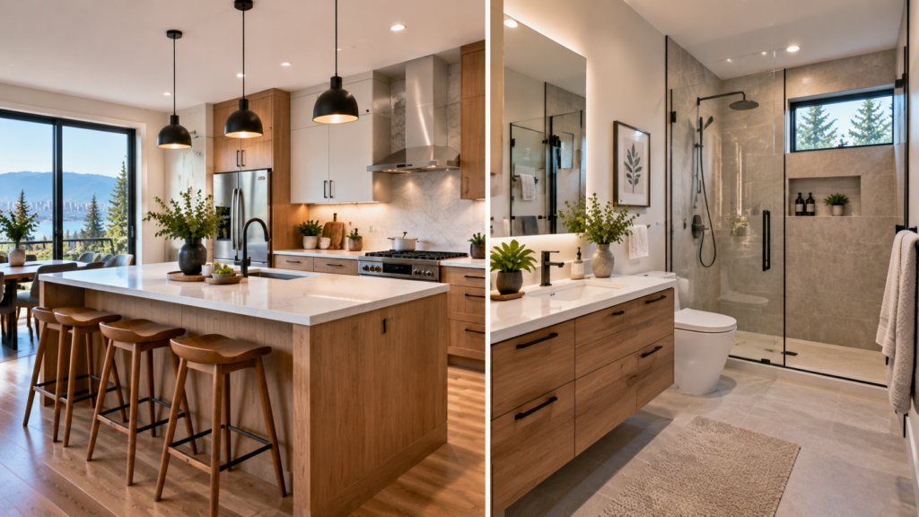 Modern Vancouver kitchen and bathroom renovation showing quality finishes, functional layouts and upgraded residential spaces.