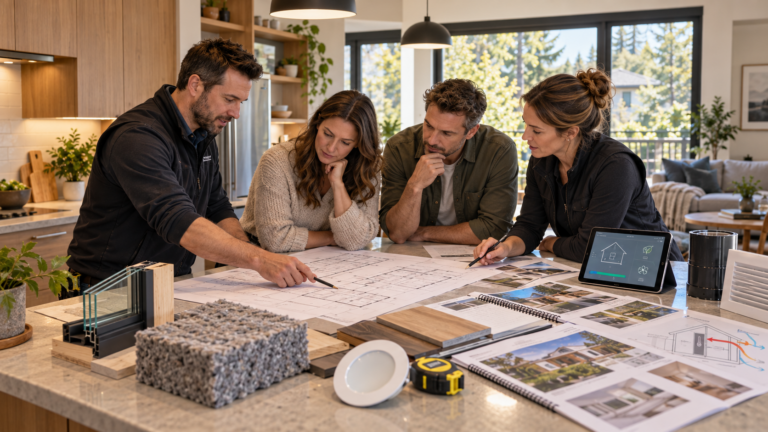 Walker General Contractors team discussing energy efficient home renovations in Vancouver with homeowners, reviewing floor plans, insulation samples, energy-efficient windows, and sustainable home upgrades in a modern kitchen.