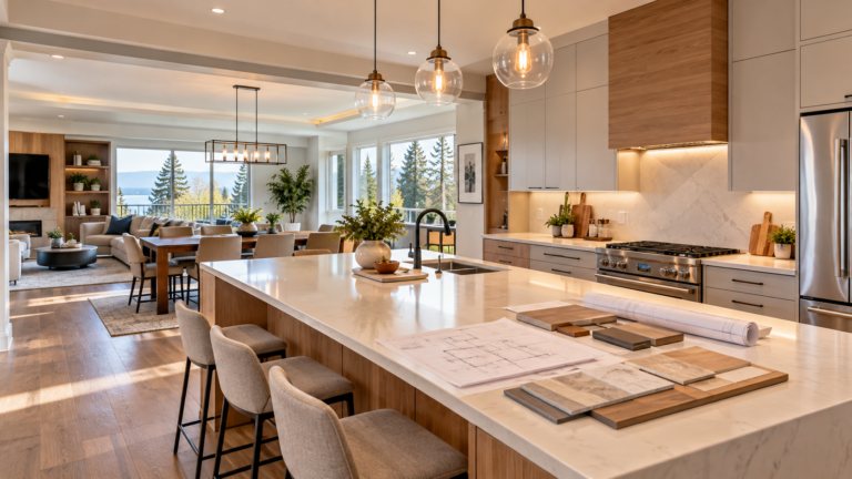 Open concept kitchen renovation Vancouver with modern island layout and connected living space